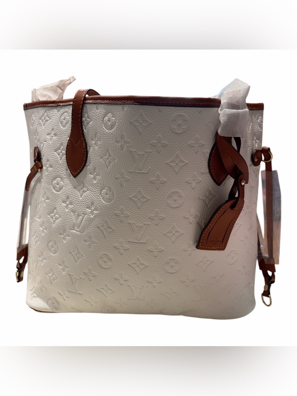 White Embossed Monogram fashion Tote with Brown Leather Trim